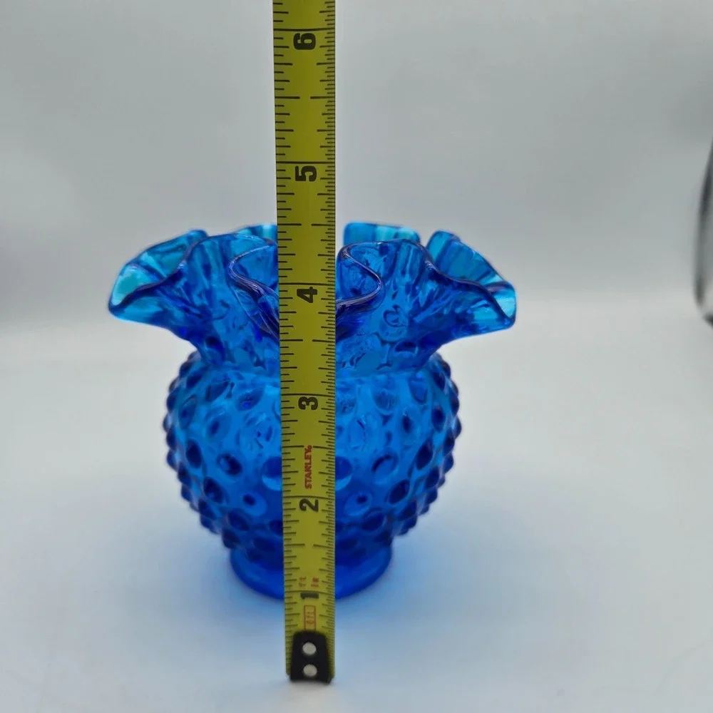 Vintage 1970s Fenton Hobnail Vase Ruffled Double Crimped‎ Colonial Blue 4.25